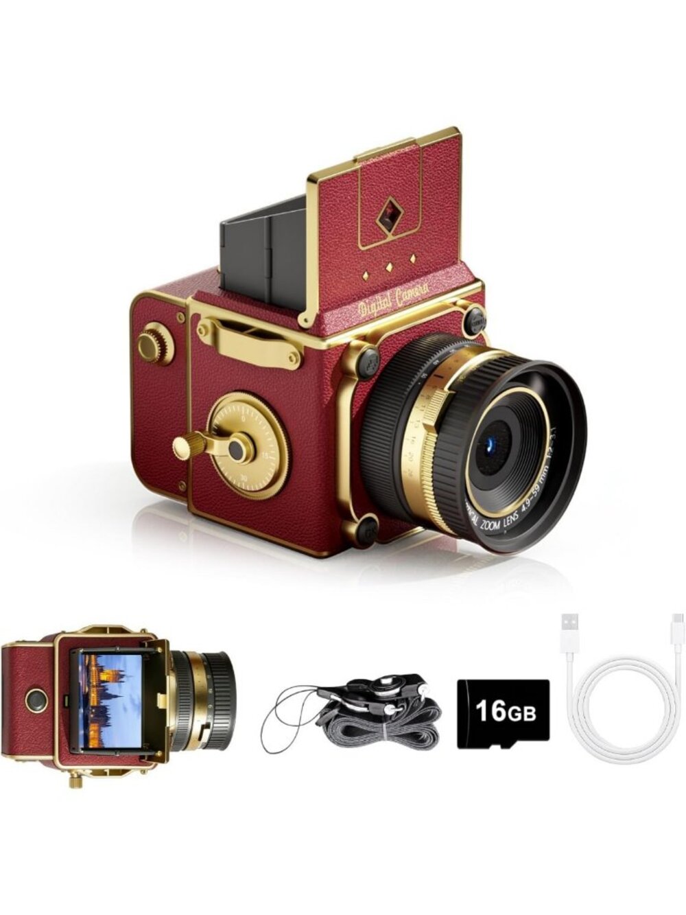 Vintage 64MP Digital Camera, 2.7K Retro Point & Shoot, Autofocus, 16X Zoom